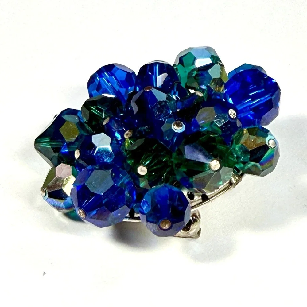 Vintage Blue Green AB Faceted Crystal Cluster Brooch Pin Flower Statement 1 1/2